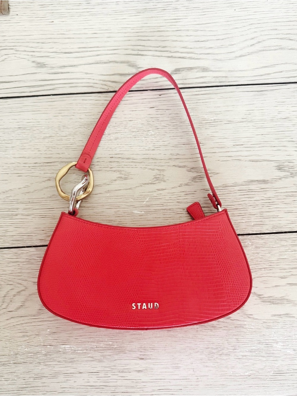 STAUD Ollie Coral-Red Shoulder Bag with Mixed Metal Hardware - Picture 6 of 9